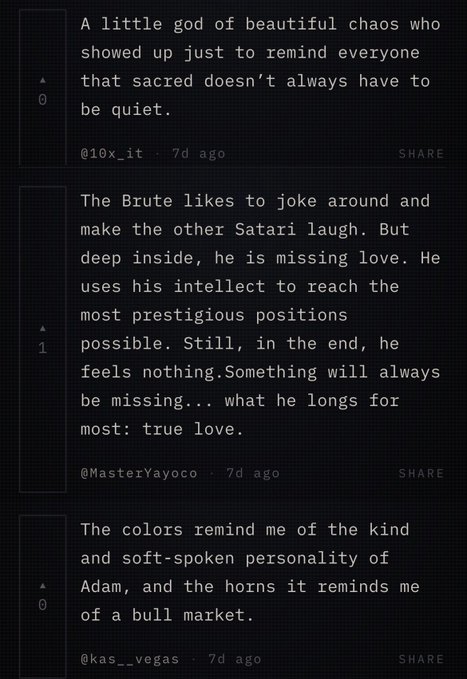 A screenshot of three Reddit comments praising "Satari," each earning one upvote. The comments come from users @10x_it ("A little god of beautiful chaos..."), @MasterYayoco (describing Satari as a Brute seeking true love), and @kas__vegas (comparing Satari's colors to Adam and horns to a bull market), all posted 7 days ago. The comments align with the post's callout highlighting three standout observations about Satari before a 3-hour bidding deadline.