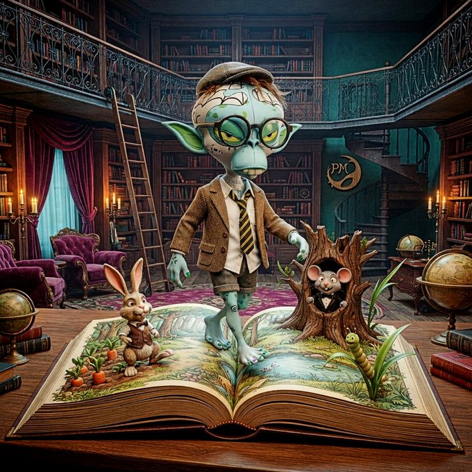 A detailed 3D-rendered scene shows a green-skinned goblin-like character in a suit and glasses standing on an open pop-up book inside a grand two-story library, surrounded by a rabbit, a mouse, and a small caterpillar.