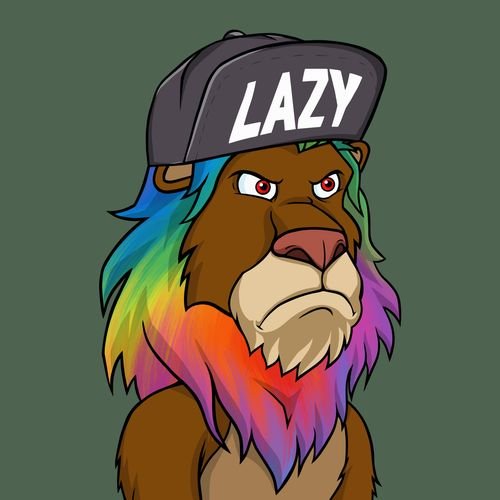 A cartoon illustration of an angry-looking lion with a rainbow-colored mane wearing a black cap with the word 'LAZY' written in white.
