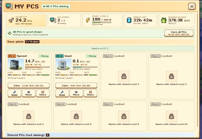 Screenshot of a video game interface titled "MY PCS," displaying a crypto mining simulator with various plots, including active mining PCs "Sprout" and "Seed," and statistics for island level, mining rigs, power usage, and earnings.