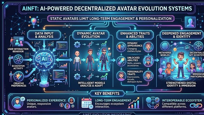 The image features a visual representation of an AI-powered decentralized avatar evolution system, showcasing various characters interacting with each other and their environment. There are multiple animated faces, indicating that the system focuses on creating realistic avatars for interaction within the virtual world. The text in the image provides context about these AI systems and how they can enhance user experience by enabling more immersive identity representation and increased engagement within the metaverse ecosystem.