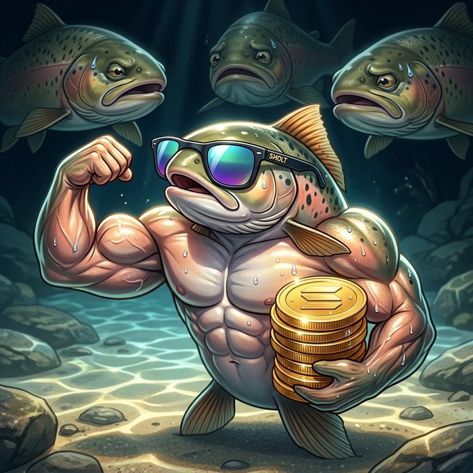 An illustrated cartoon depicts a muscular, anthropomorphic fish wearing sunglasses labeled 'SMOLT' and flexing its bicep while holding a stack of gold coins, surrounded by three smaller, worried-looking fish underwater.