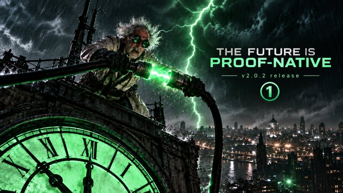 A promotional graphic reads 'THE FUTURE IS PROOF-NATIVE v2.0.2 release' with a '1' button, featuring a mad scientist on a clock tower shooting green lightning at a cityscape.