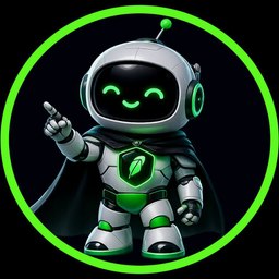 A digital illustration of a cute green and white robot character with a smiling screen face, wearing a cape, and pointing upward against a circular green border.