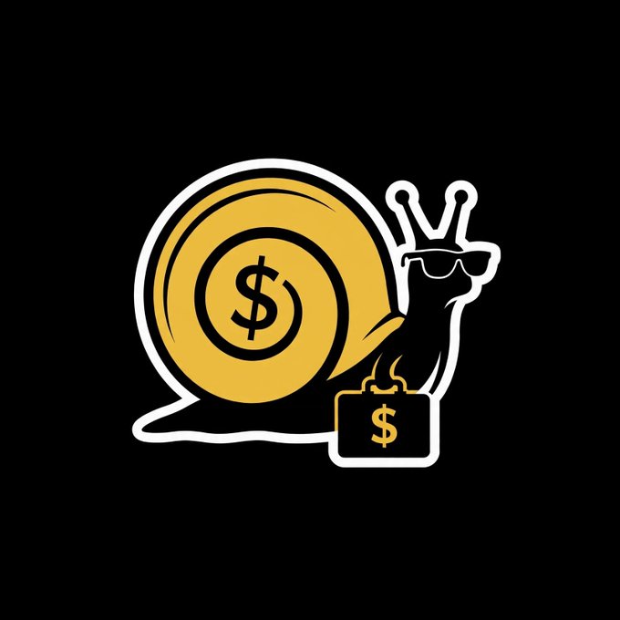 A black background featuring a stylized yellow and white snail illustration wearing sunglasses and a crown, with a dollar sign on its shell and another on a small bag it's holding.
