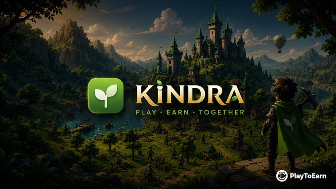 A promotional banner for Kindra, a cozy 3D skilling MMO on Robinhood Chain, featuring the game's logo with the tagline "Play · Earn · Together" alongside a fantasy landscape with a castle, valley, and a character overlooking the scene, with the "PlayToEarn" branding visible in the corner.