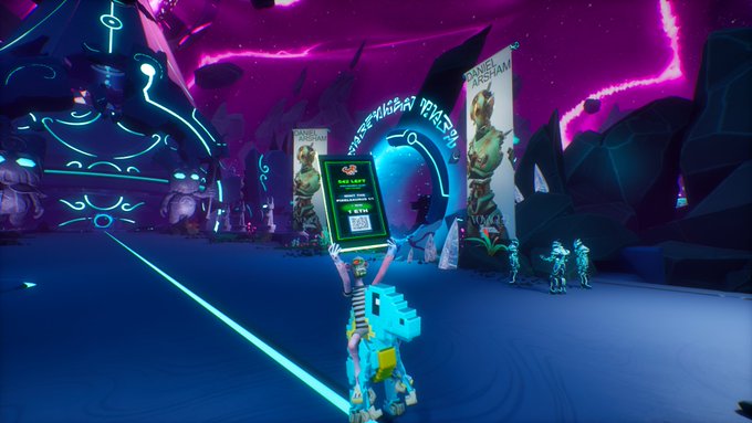The image shows a person riding a blue dinosaur-like creature with a green sign attached to its back that says "HMM! If I mint the @PixelSaurus 1/1, I'd sweep another MAYC!". The person holding the sign is wearing a helmet and appears to be in motion. They are standing on a skateboard or scooter while riding through a futuristic city environment with neon lights and other futuristic elements.