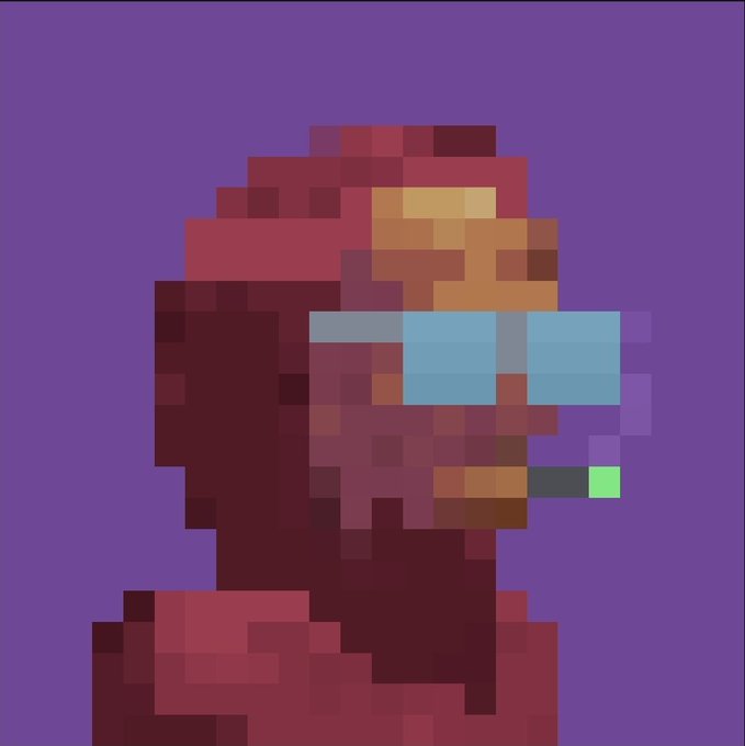 A low-resolution pixel art character with a red hood and a blue visor, set against a solid purple background.
