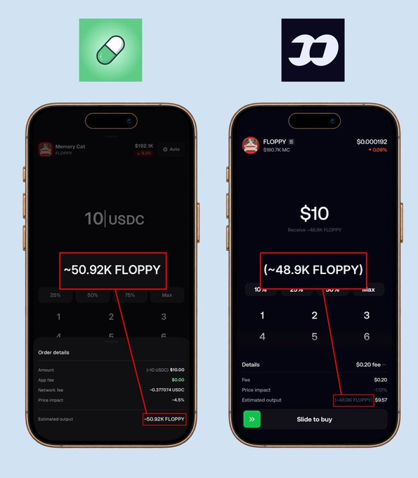 The image shows a side-by-side comparison of two crypto trading apps: Pump (left) and DexScreener (right), both displaying transactions involving "Memory Cat" ($FLOPPY) token. The left screen shows buying $10 USDC yielding ~50.92K FLOPPY, while the right screen shows $10 yielding (~48.9K FLOPPY) with a ~16% price impact, illustrating the slippage and high fees highlighted in the post.