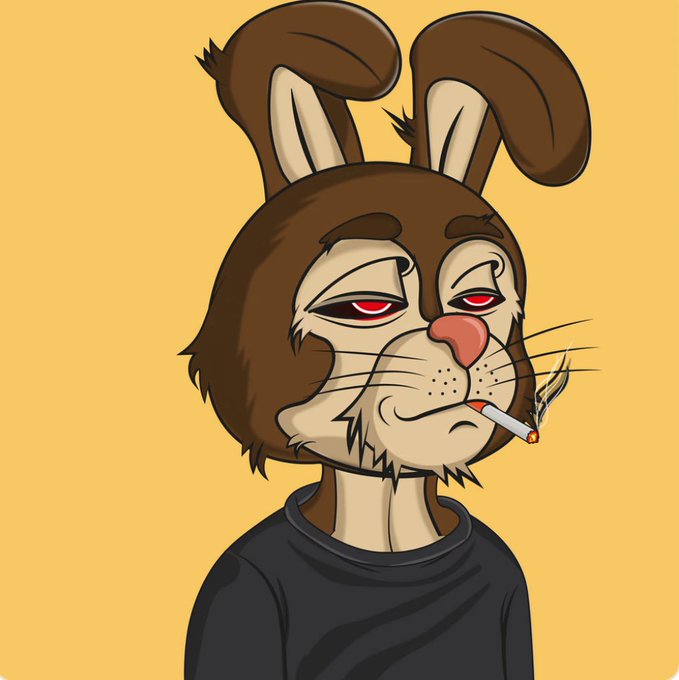 An anthropomorphic rabbit with red eyes and a cigarette dangling from its mouth smirks smugly against a yellow background. The character's confident, "hopping to the moon" vibe perfectly embodies the post's celebratory meme about a stock skyrocketing from $5 to $50 in a day.