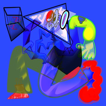 A vibrant, abstract digital illustration featuring a distorted figure with wide cartoon eyes on a blue background, accented with green and red shapes.