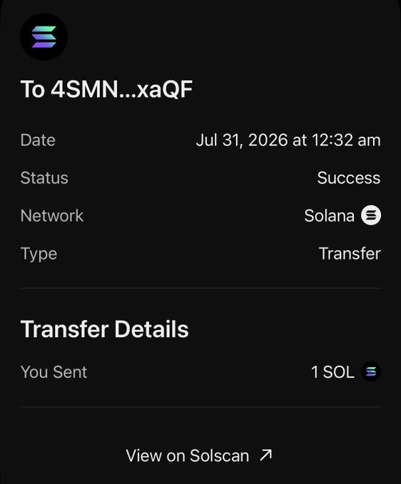 A Solana transaction confirmation showing 1 SOL successfully sent to wallet address "4SMN...xaQF" on July 31, 2026, which the post commemorates with "Enjoy the Sol!" to celebrate the recipient's engagement.
