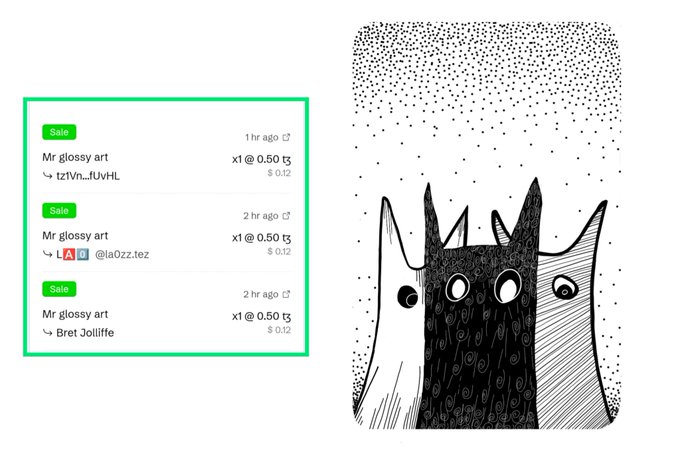 A graphic showing three digital art sale listings on the left next to a black and white ink drawing of three stylized cat-like creatures looking up at falling dots.