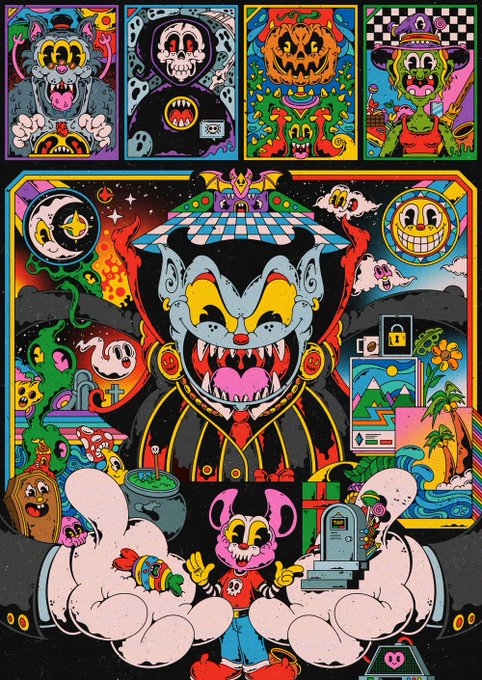 Colorful horror-themed artwork featuring demonic cartoon characters, including a central vampire-like figure with sharp teeth, surrounded by various monsters, pumpkins, and supernatural imagery in a vibrant pop-art style.
