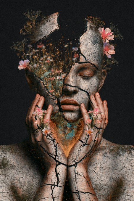 A surreal digital artwork featuring a cracked, stone-like face with eyes closed and hands cupping it, while flowers and greenery sprout from the fissures in the fragmented skull against a dark background.