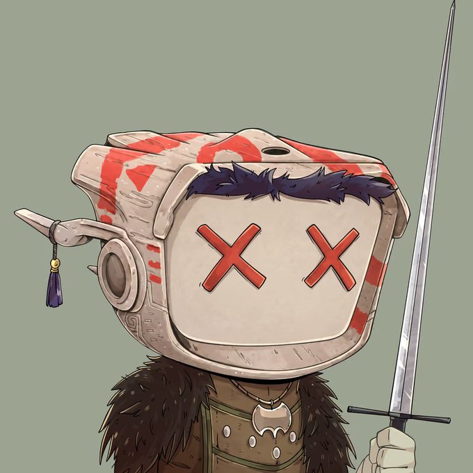 A cartoon-style illustration depicts a warrior character wearing a blocky, TV-shaped helmet with red X's for eyes and a furrowed brow, holding a sword and wearing fur and leather armor.