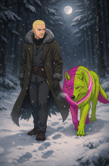 An illustration of a blonde man in a long fur-trimmed coat standing in a snowy forest at night alongside a brightly colored neon pink and green wolf under a full moon.