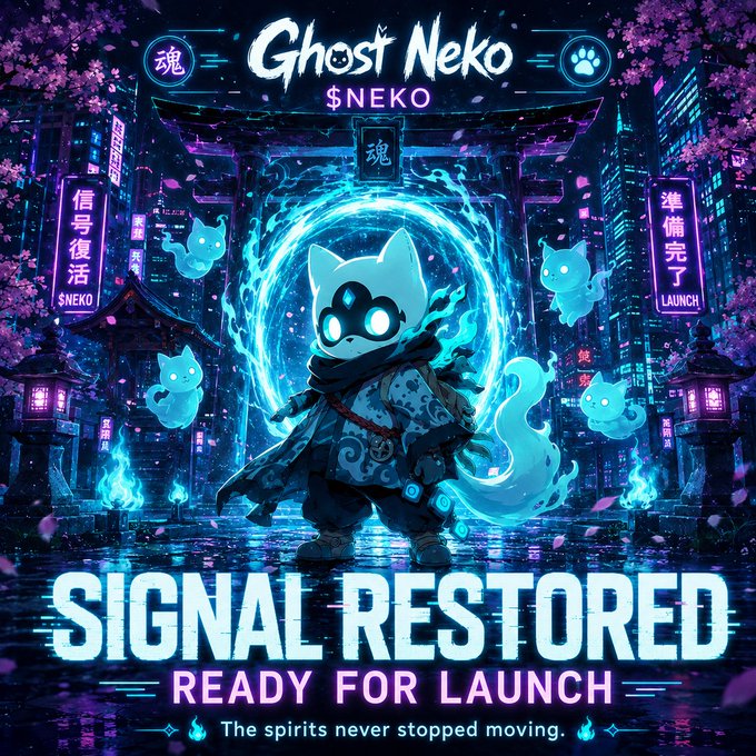 A vibrant graphic titled 'Ghost Neko $NEKO' featuring a spectral cat character surrounded by smaller cat spirits, with text reading 'SIGNAL RESTORED READY FOR LAUNCH' and 'The spirits never stopped moving.'