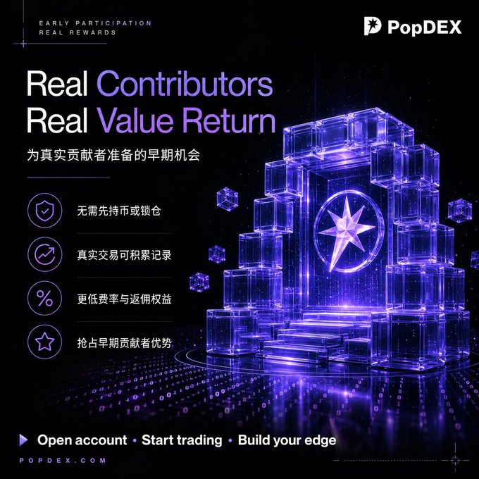 A PopDEX promotional graphic with the tagline "EARLY PARTICIPATION REAL REWARDS" and "Real Contributors Real Value Return," featuring a glowing purple cube structure and Chinese text highlighting benefits like no pre-holding required and lower fees.