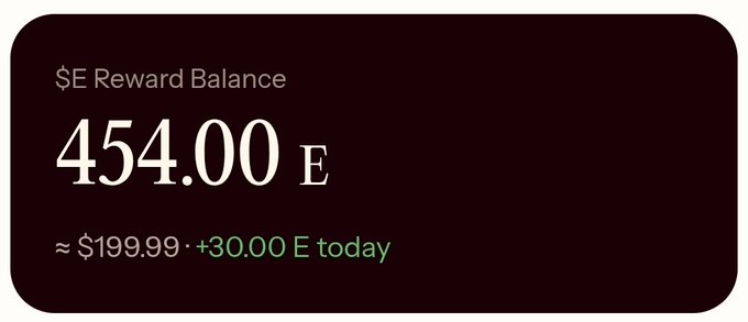 A dark-themed digital dashboard card displaying 'SE Reward Balance' of 454.00 E (≈ $199.99), with a green indicator showing '+30.00 E today'.