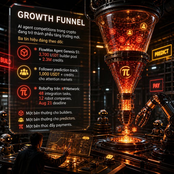 A stylized 'GROWTH FUNNEL' infographic about crypto AI agent competitions, featuring FlowMax Agent Genesis ($1: 3,700 USDT pool + 2.3M credits), a follower prediction track (1,000 USDT + credits), and RoboPay ($π) with 48 integration tasks and 12 robot companies.