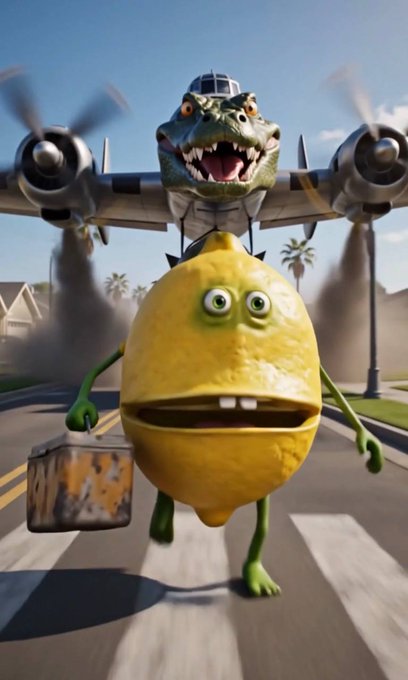 A humorous, chaotic image of a grinning lemon character carrying a briefcase while a military-style alligator plane pursues it through a suburban neighborhood.