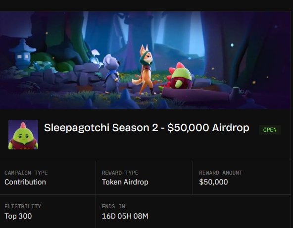 A promotional graphic for 'Sleepagotchi Season 2 - $50,000 Airdrop' featuring animated characters in a forest setting, with details noting it's a Contribution campaign with a Token Airdrop reward, limited to the Top 300, and an OPEN status with 16D 05H 08M remaining.