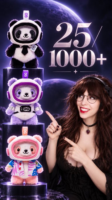 A promotional image features a woman with glasses pointing to three colorful panda plush toys in astronaut outfits, with the text '25/1000+' displayed prominently.