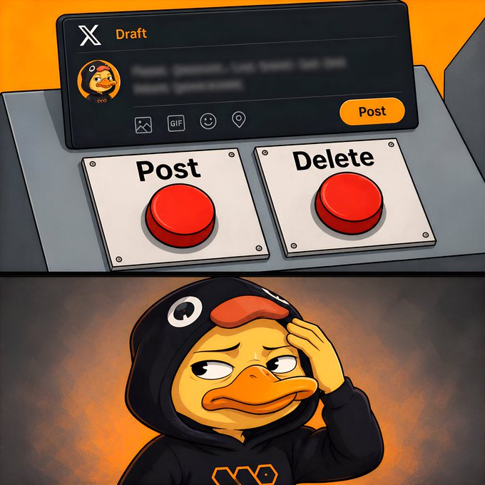 The image shows two buttons - one red and one white. The red button has a "Post" written on it, while the white button has a "Delete" written on it. There are also some text elements present in the image that read "@wallchain", "@wallchain", "#wallchain", and "#wallchain". These elements seem to be related to the buttons or the post itself. The image is a cartoon of a duck wearing a hoodie, with its head tilted upwards as if it's thinking about something.