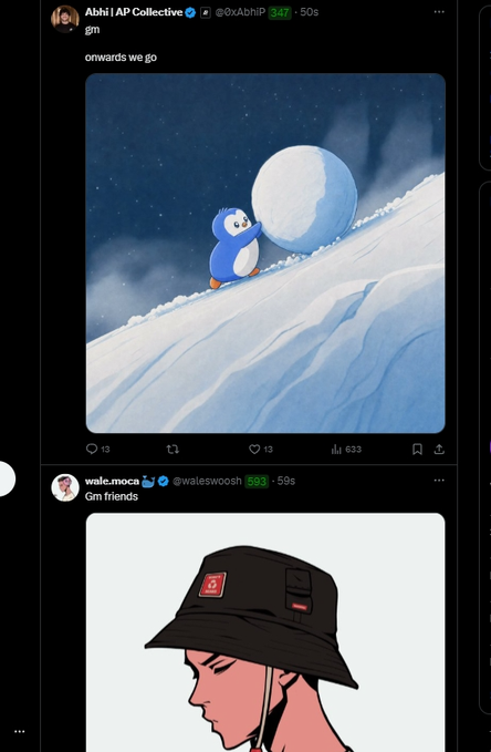 Two X (Twitter) posts from 'Abhil | AP Collective' (@0xAbhilP) and 'wale.moca' (@waleswoosh) sharing images of a cartoon penguin pushing a snowball uphill and a figure wearing a black tactical hat.