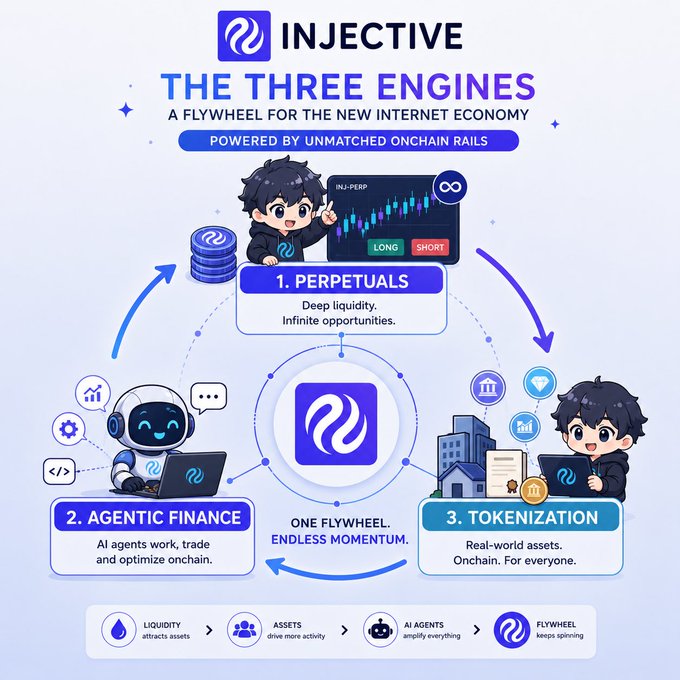 This promotional image for Injective illustrates "The Three Engines" powering what they call "a flywheel for the new internet economy": **Perpetuals** (deep liquidity, infinite opportunities), **Agentic Finance** (AI agents working, trading, and optimizing onchain), and **Tokenization** (real-world assets onchain for everyone) — with a central diagram showing how liquidity attracts assets, assets drive AI agent activity, and AI agents amplify everything into an endless flywheel momentum.