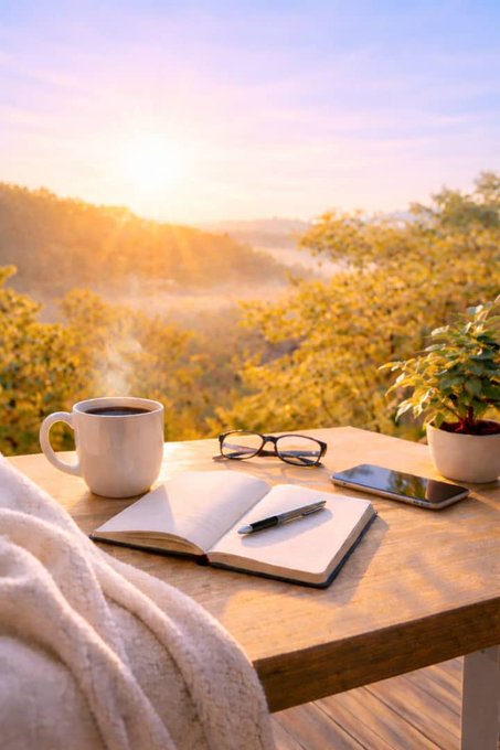 A serene outdoor scene featuring a steaming coffee mug, eyeglasses, an open journal with a pen, a smartphone, and a potted plant arranged on a wooden table, with a sunlit forested valley in the background.