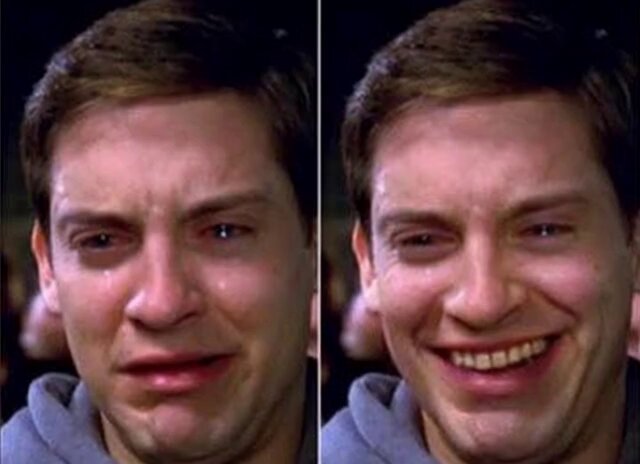 The image shows two different photos of a man's face with either a sad or happy expression. The sadness can be seen in one photo, where the man has tears streaming down his face, while the other photo displays a smiling, happy demeanor on his face.