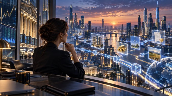A woman in business attire looks out a window at a futuristic cityscape at sunset, with floating holographic data screens and a stock chart visible on the left.