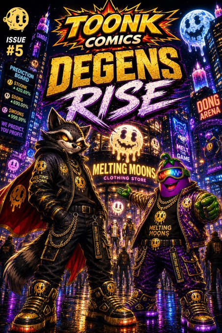 TOONK COMICS Issue #5 cover titled 'DEGENS RISE' featuring anthropomorphic dog characters in streetwear with Melting Moons and Melting Game branding, and a Prediction Board showing LONG/SHORT stats.