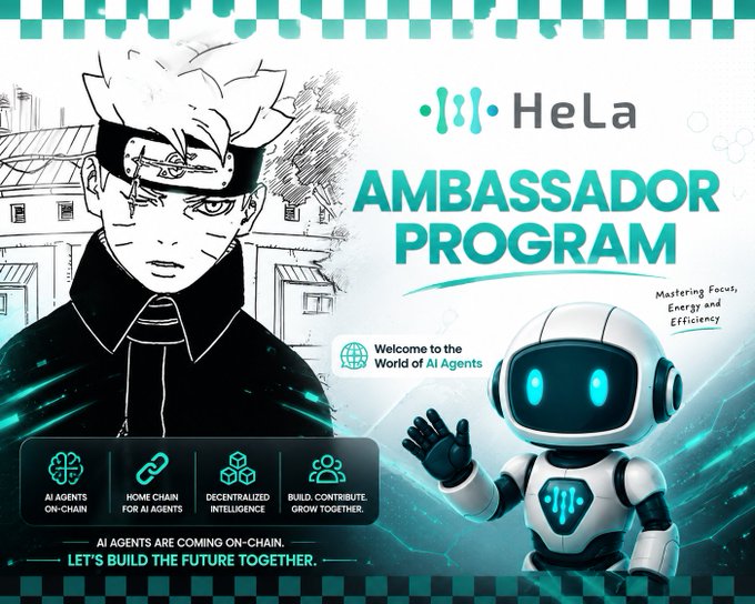 The image appears to be a promotional poster for Hela's ambassador program which partners with The HELA NFT Project as they both gain popularity in blockchain and NFT communities. The poster features an anime characterized in black, blue and white against a white and blue background. The advertisement encourages people to join the ambassador program and contribute to expanding the platform. The qualifications to be considered for this competition include content creation skills, community, and an educational background in STEM programs. 

The accompanying post is from a new member of the ambassador program announcing their participation on the official Hela platform, which is geared towards providing tools and services for AI Agents. While we do not know if this is the case, it is reasonable to assume that the post is from the Hela Office, based on their excitement about the network.