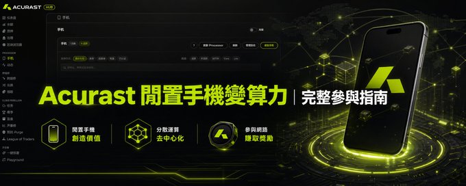 A promotional banner for 'Acurast' featuring a smartphone, the text 'Acurast 閒置手機變算力' and '完整參與指南', along with icons for mobile devices, decentralized networks, and hardware creation.