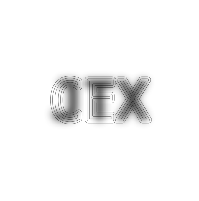 A stylized CEX logo rendered in glowing concentric silver-gray lines on a white background.