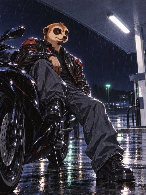 An illustration shows an anthropomorphic meerkat wearing a black jacket and pants, sitting on a black motorcycle at night at a gas station in the rain.
