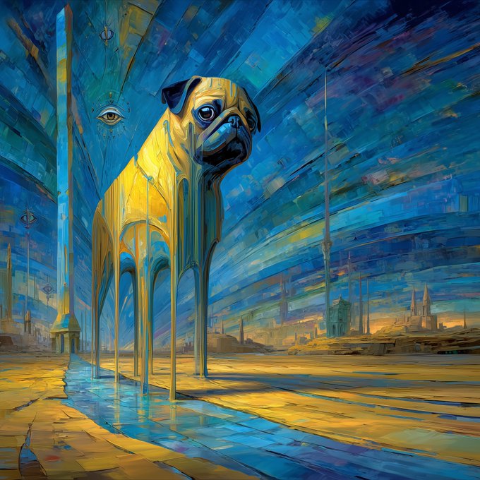 The image features a large yellow dog standing in front of a blue sky with white clouds, giving off an impression that it's floating or walking through space. The painting has a surrealistic style, which adds to its dreamy atmosphere. In the background, there are buildings and trees, creating a sense of depth and perspective within the artwork. The post about the NFT world is related to this painting as it seems to be promoting an art piece that could potentially be considered valuable or rare due to its unique style and subject matter.