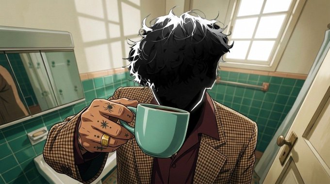 An illustrated image of a silhouetted figure with messy hair holding a teal mug in a sunlit green-tiled bathroom, showing a tattooed hand with a ring.