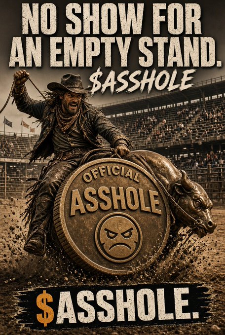 A promotional graphic for the '$ASSHOLE' meme coin featuring a cowboy on a bucking bull with a large 'OFFICIAL ASSHOLE' coin, and text reading 'NO SHOW FOR AN EMPTY STAND.'