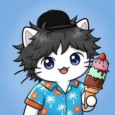 A cute chibi-style cartoon cat character wearing a black bowler hat and a blue Hawaiian shirt with palm trees, smiling while holding a triple-scoop ice cream cone.