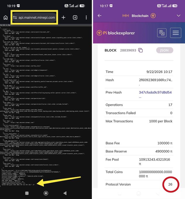 A split-screen showing a mobile browser at api.mainnet.minepi.com displaying JSON data alongside a Pi Blockexplorer page showing block 28839693 with Protocol Version 26 circled in red.