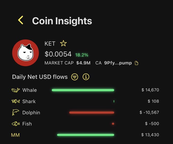 A 'Coin Insights' screen showing the KET token at $0.0054 (+18.2%) with a $4.9M market cap, and Daily Net USD flows by category: Whale $14,670 (green), Shark $108 (green), Dolphin -$10,567 (red), Fish -$500 (red), and MM $13,430 (green).