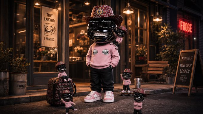 A whimsical nighttime street scene featuring a central figure with a dark helmet-like head and a pink hoodie, surrounded by smaller similar figures and a sign reading 'FROGE MINT YOUR LEGACY'.