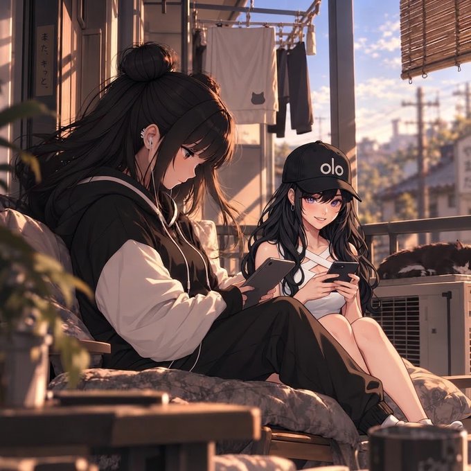 An anime-style illustration of two young women sitting on a balcony in a sunny city setting, one looking at her smartphone while wearing a cap labeled 'olo'.