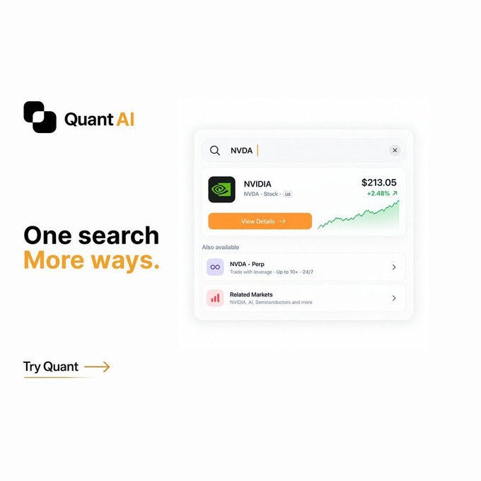 A promotional graphic for QuantAI showing a stock search interface for NVDA priced at $213.05, with the tagline 'One search More ways.'