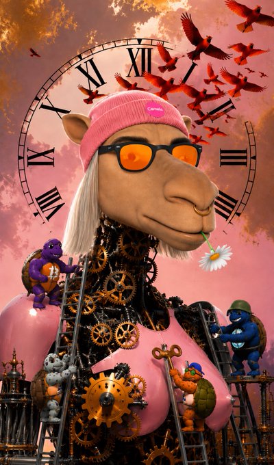 An anthropomorphic camel wearing a pink beanie and orange sunglasses stands against a sunset sky filled with flying red birds and a large Roman numeral clock. The image illustrates the "quiet focus" mentioned in the text by centering a calm, composed character amidst a busy, ticking mechanical backdrop, accompanied by various small turtle characters.
