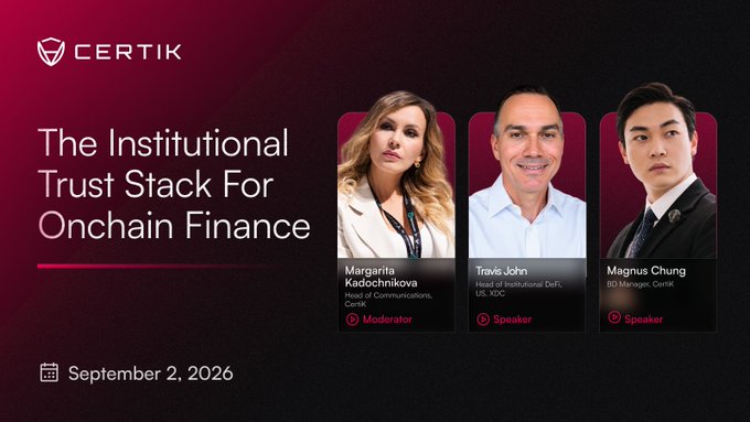 A promotional graphic for CertiK's NYC Open House event on September 2, 2026, featuring a man in a suit talking on a phone, alongside photos and titles of panelists including Margarita Kadochnikova (Moderator) and Travis John (Head of Institutional at XDC Network) for "The Institutional Trust Stack for Onchain Finance" panel.